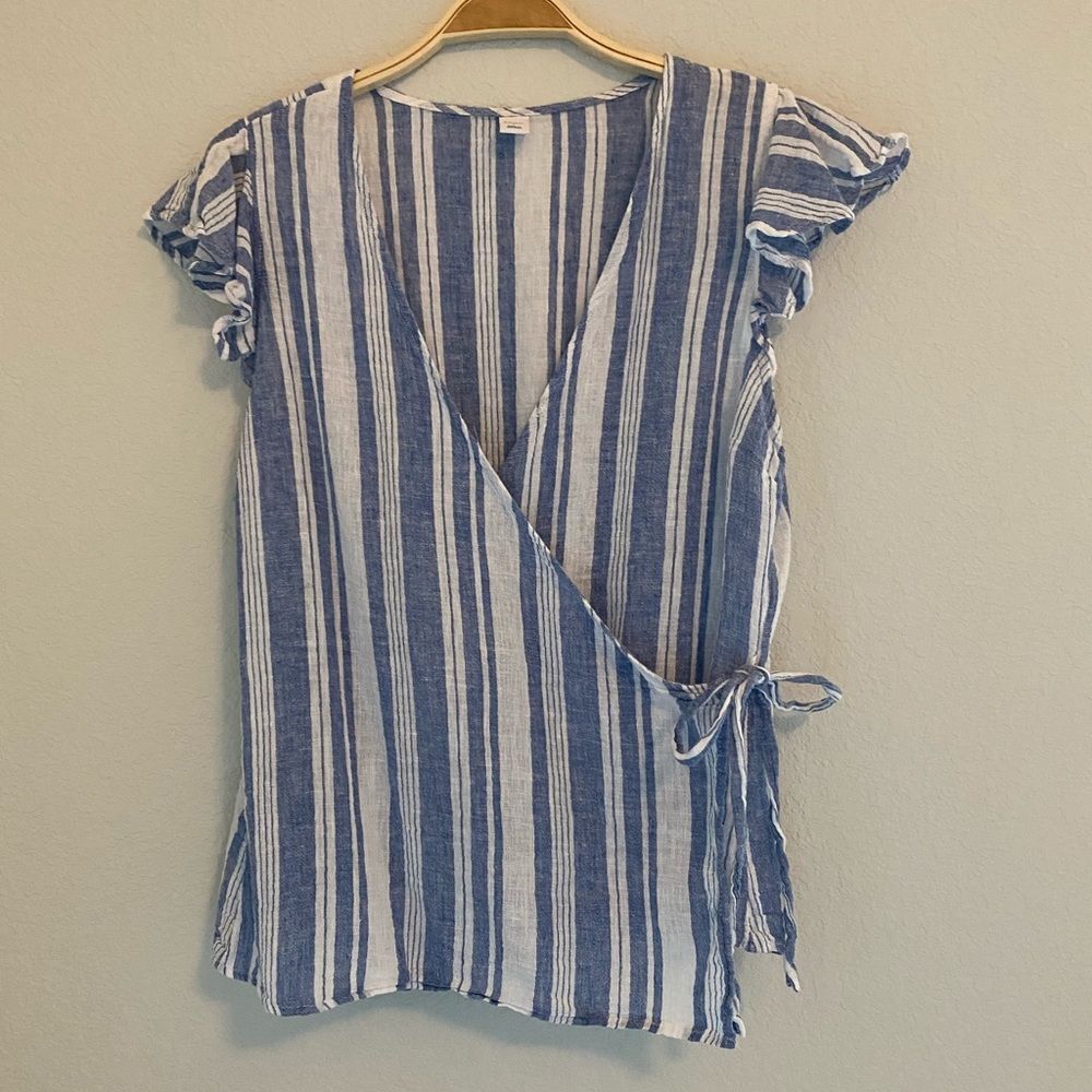 Old Navy Blue & White Striped Wrap Blouse • Large